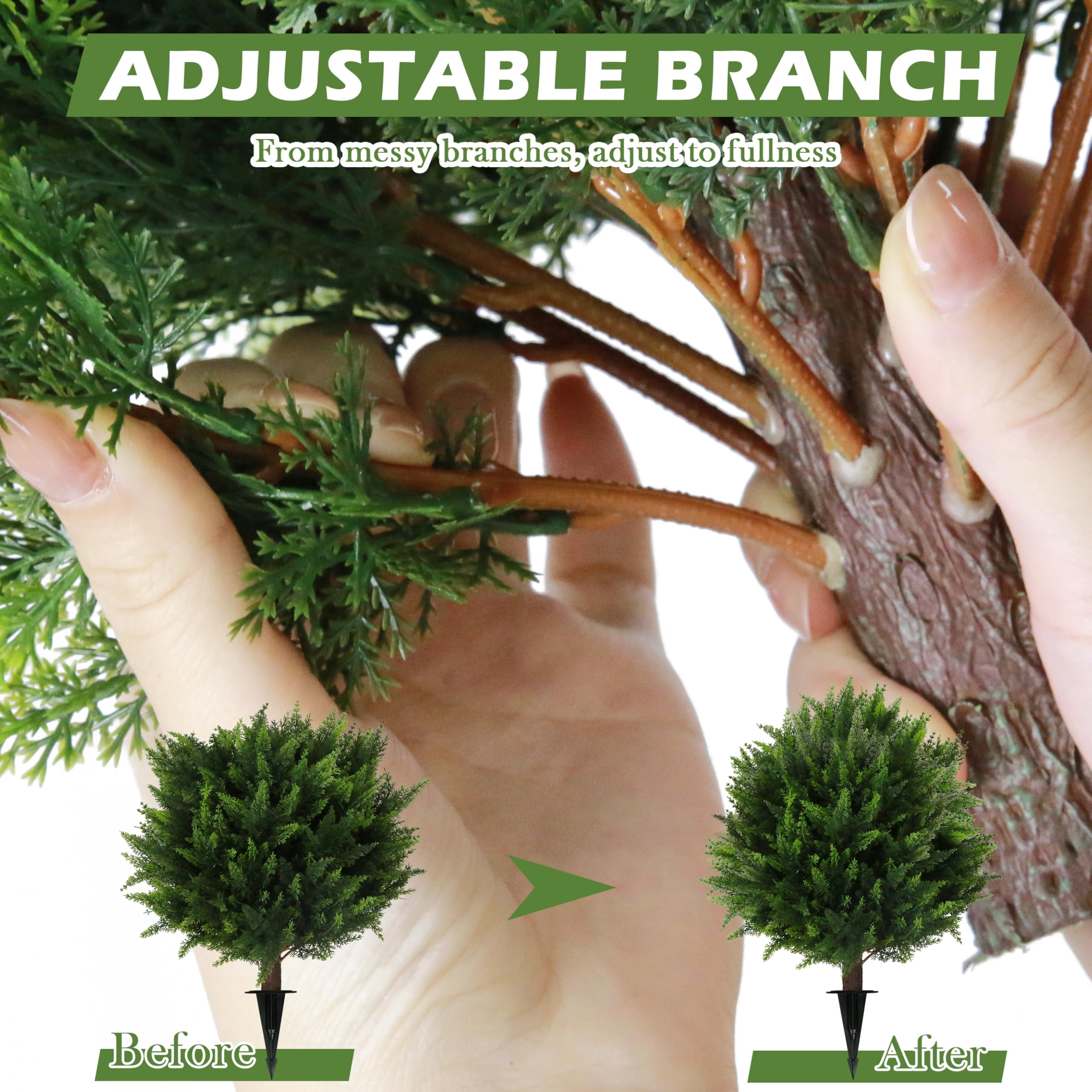 Bibana Artificial Cedar Topiary Ball Trees, Faux Cedar Shrub Bushes with Ground Spike 25.5", UV Resistant Fake Cedar Plants for Indoor, Garden, Yard, Porch, Patio Decor(set of 2)