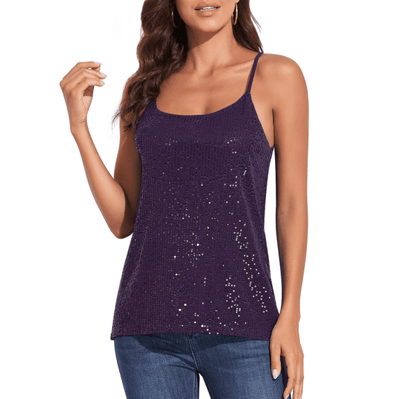 PrettyGuide Women's All Over Sequin Top Shimmer Strappy Camisole Sparkly Tank Tops Party Shirts