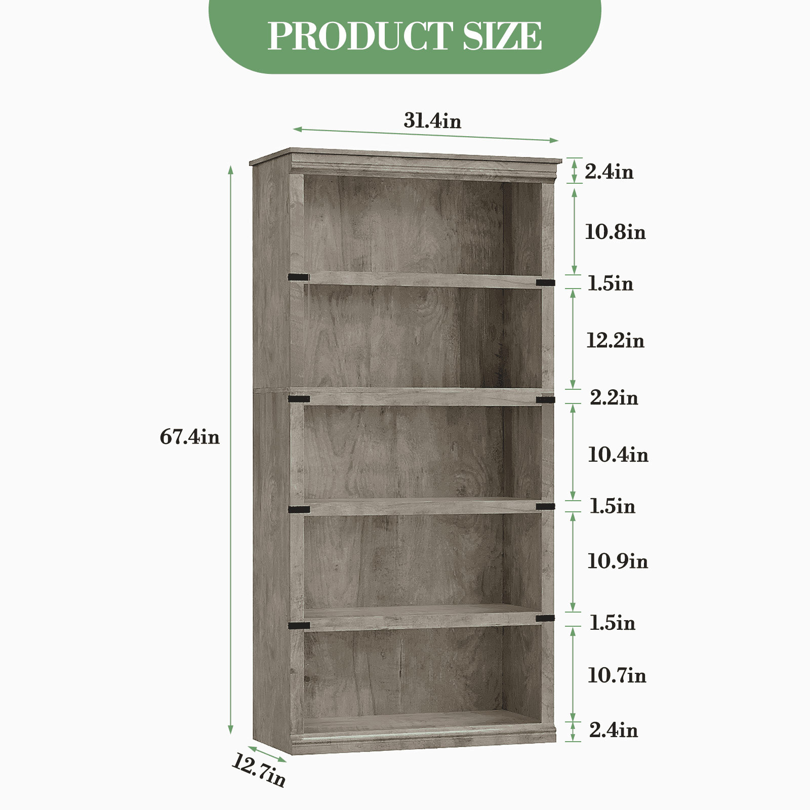 Goldensoil 67" Tall 5 Shelf Wood Bookcase, Farmhouse Floor Standing Display Storage Shelves,Grey