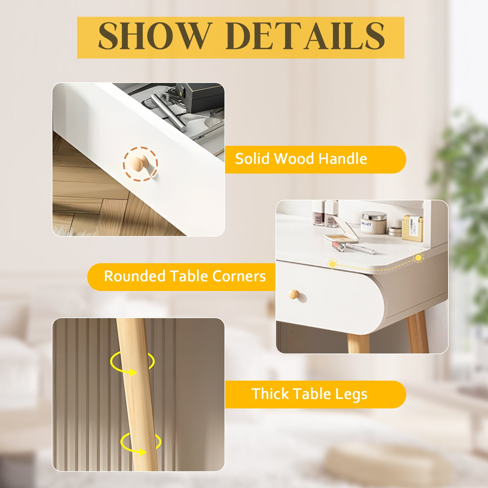 RICHYOUNG Vanity Table Set with Mirror, Makeup Table with 2 Large-Drawer for Bedroom, White(Without Stool)