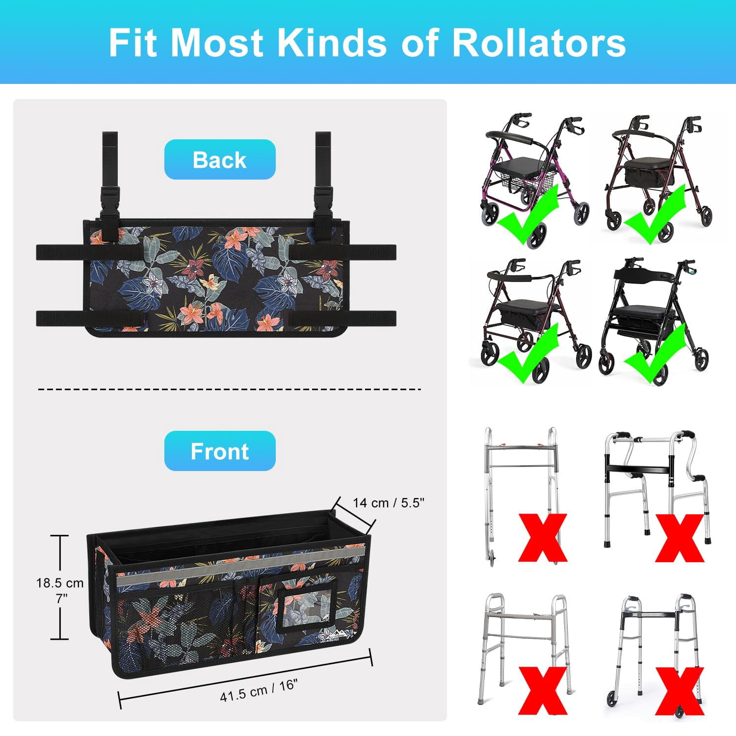 SupreGear Rollator Basket Bag, Foldable Waterproof Storage Pouch with Cup Holder for Rollator, Black Floral