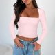 thumbnail image 2 of Camiseta Pivanzore para mujer, cuello cuadrado, manga larga, rosa, talla S, 2 of 5