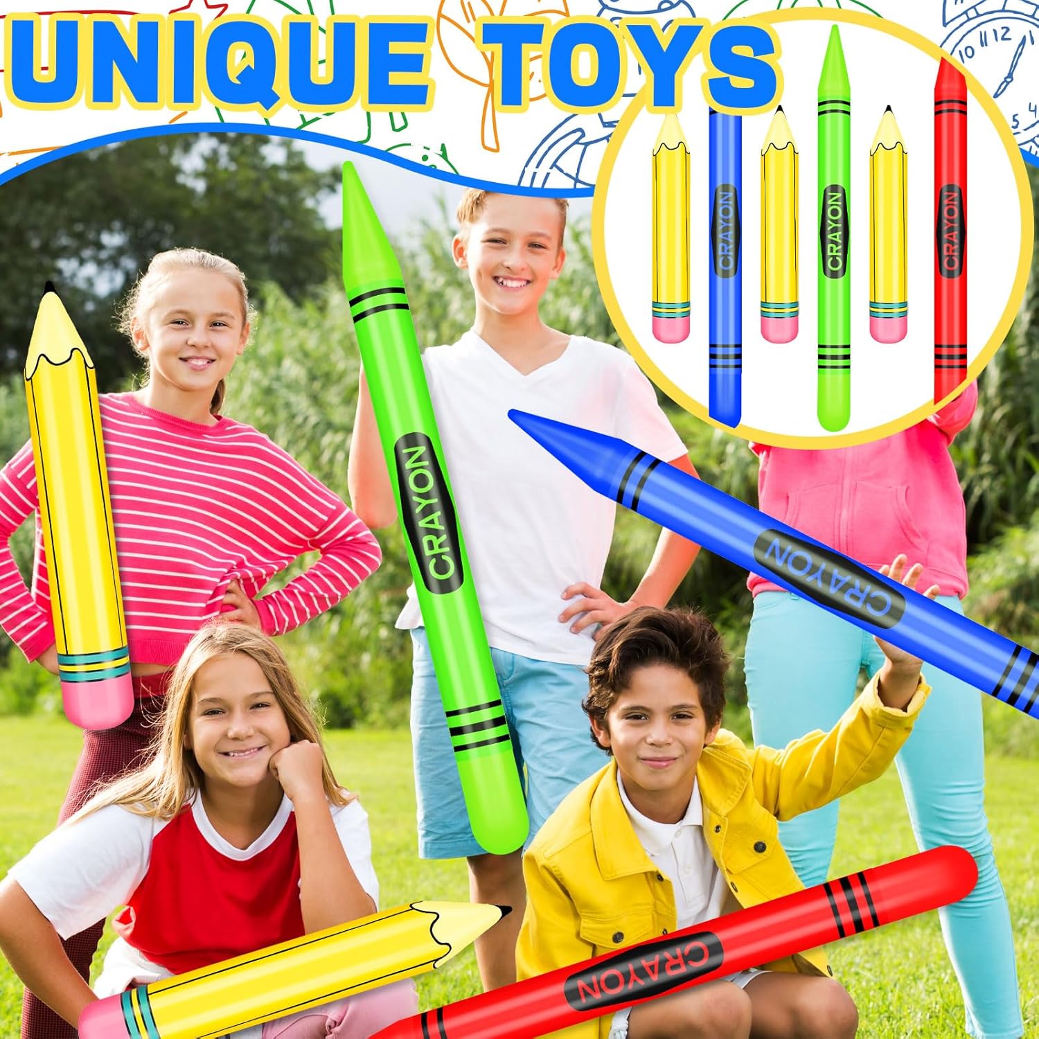 6 Pcs Giant Large Inflatable Crayons Hanging Neon Back to Pencil Crayons Classroom Decoration for Back to Classroom Garden Room Birthday Party Decorations, 4 Colors