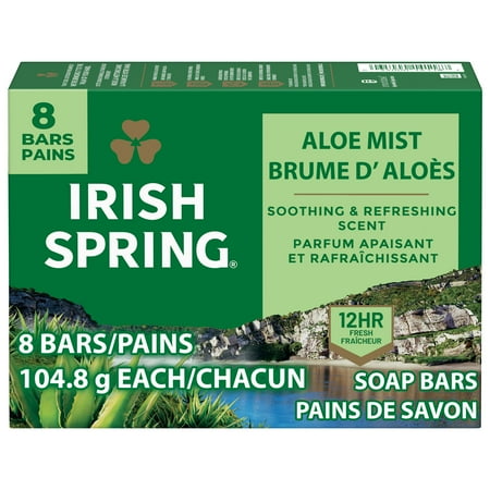 Irish Spring Aloe Mist Deodorant Bar Soap for Men, 12 Hour Fresh Deodorant Soap, 3.7 oz Bar (8 Pack)