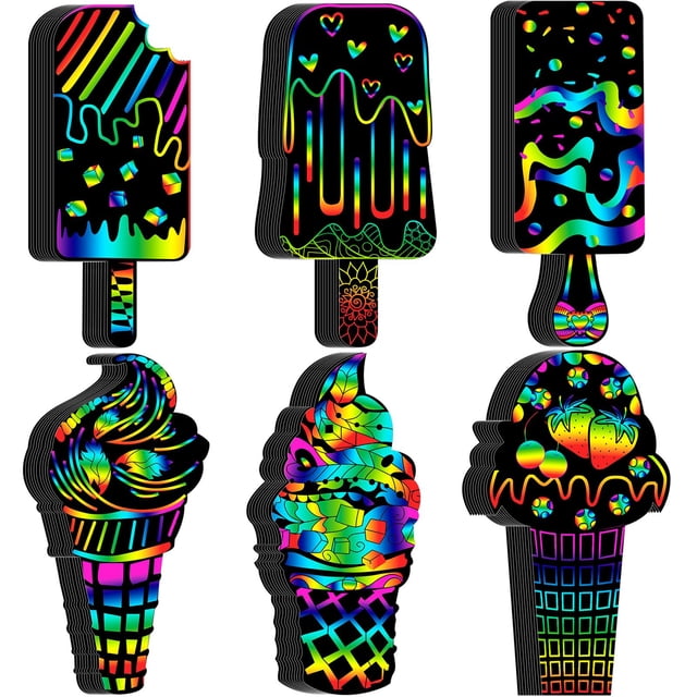 Tarjetas para rascar con forma de helado redondas y divertidas con forma de arcoíris para niños, 60 unidades