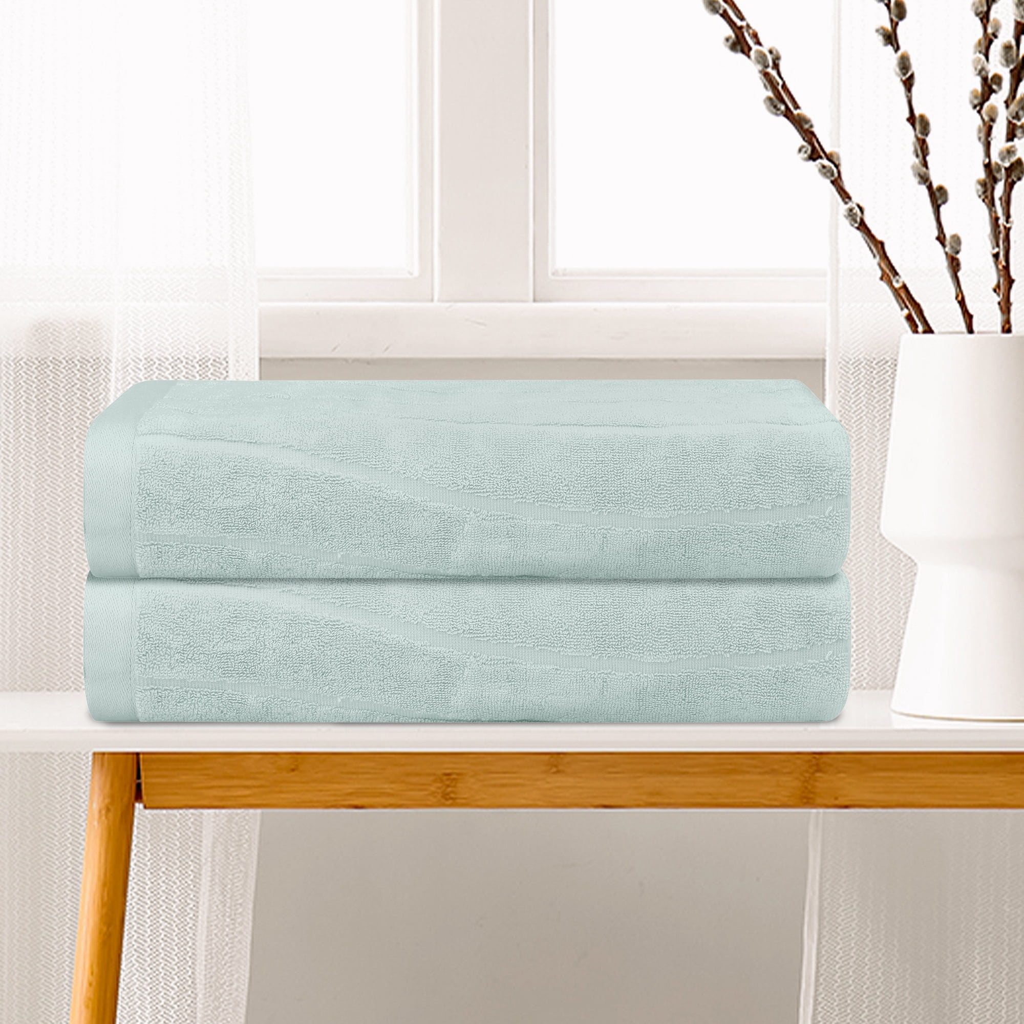 Unique Bargains 100% Cotton 2 Pcs Bath Towels Light Weight and Highly Absorbent Towels Blue 28" x 56"