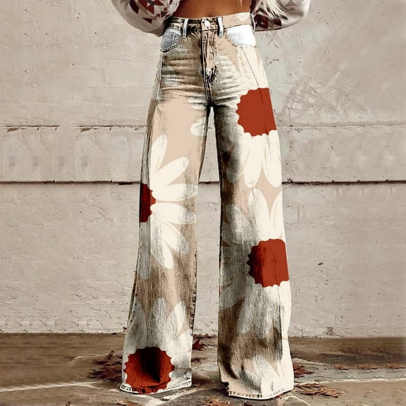 Women's Casual Pants Women'S Wide Leg Pant Vintage Floral Print High Waisted Straight Stretch Pants With Pockets,Beige Women's Casual Pants XXXL