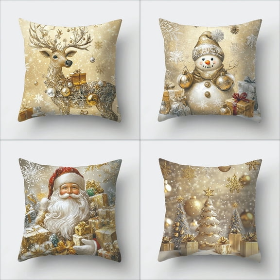 Uutvery Vintage Christmas Throw Pillow Covers, Set of 4 with Reindeer and Snowman Prints, Soft Decorative Pillowcases for Living Room Couch and Bed, Holiday Decor