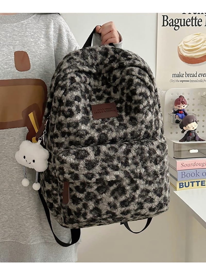 Fuzzy Cheetah Cute Backpack, Y2k Purse Fleece Chic Bookbag  display picture 3