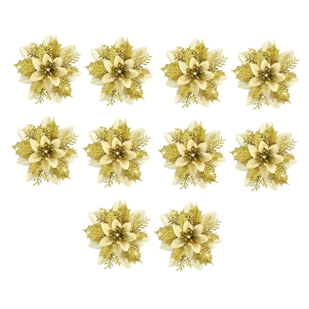 10x Adornos de arreglo floral de Pascua navideña de 14,5 cm con flores brillantes para Dorado