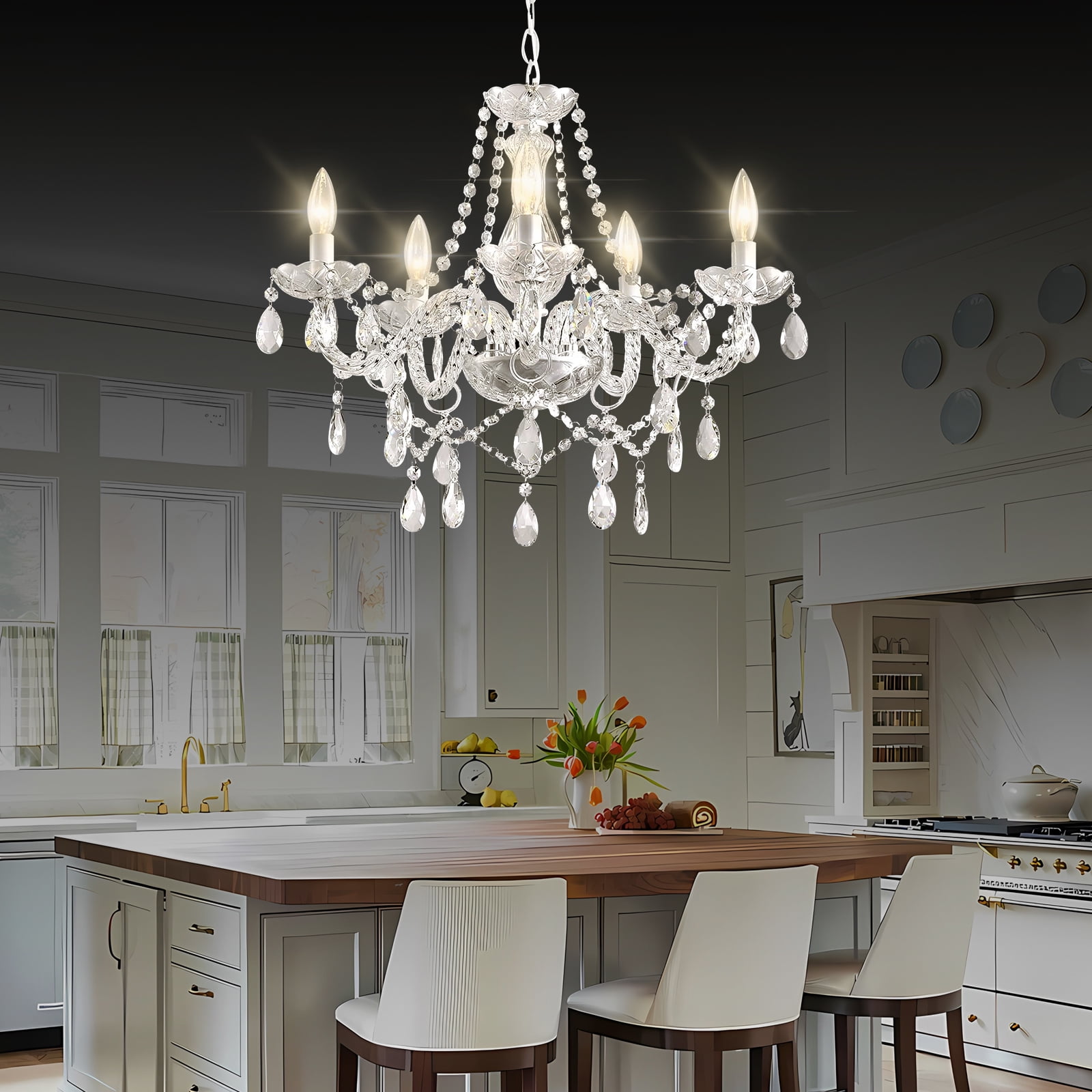 DIMMABLE Plug-in Chandelier 5 Light Crystal, White Hanging Pendant Light Fixture K9 Crystals Beads