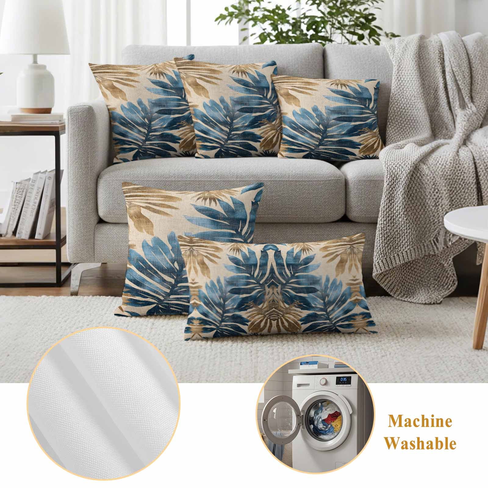 Pack of 2 Outdoor Pillow Covers 24x24 Inch Waterproof Blue Brown Palm Leaf Throw Pillow Covers,Decorative Couch Pillow Shams Protectors Retro Summer Botanical Patio Garden Pillowcases Cushion Covers