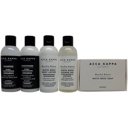 Acca Kappa White Moss Travel Set Shampoo, Conditioner, Lotion, Shower Gel, & Soap