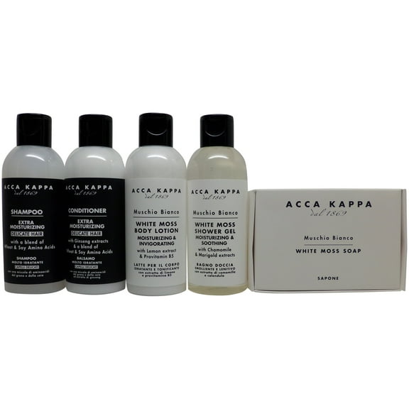Acca Kappa White Moss Travel Set Shampoo, Conditioner, Lotion, Shower Gel, & Soap