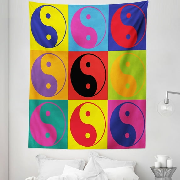 Peace Tapestry, Pop Art Design Yin Yang Signs Hippie Style Eastern Peace and Balance Theme, Fabric Wall Hanging Decor for Bedroom Living Room Dorm, 5 Sizes, Multicolor, by Ambesonne