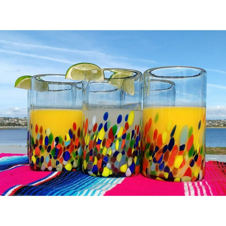 14 oz Hand Blown Mexican Drinking Glasses, Confetti Tumbler Cups