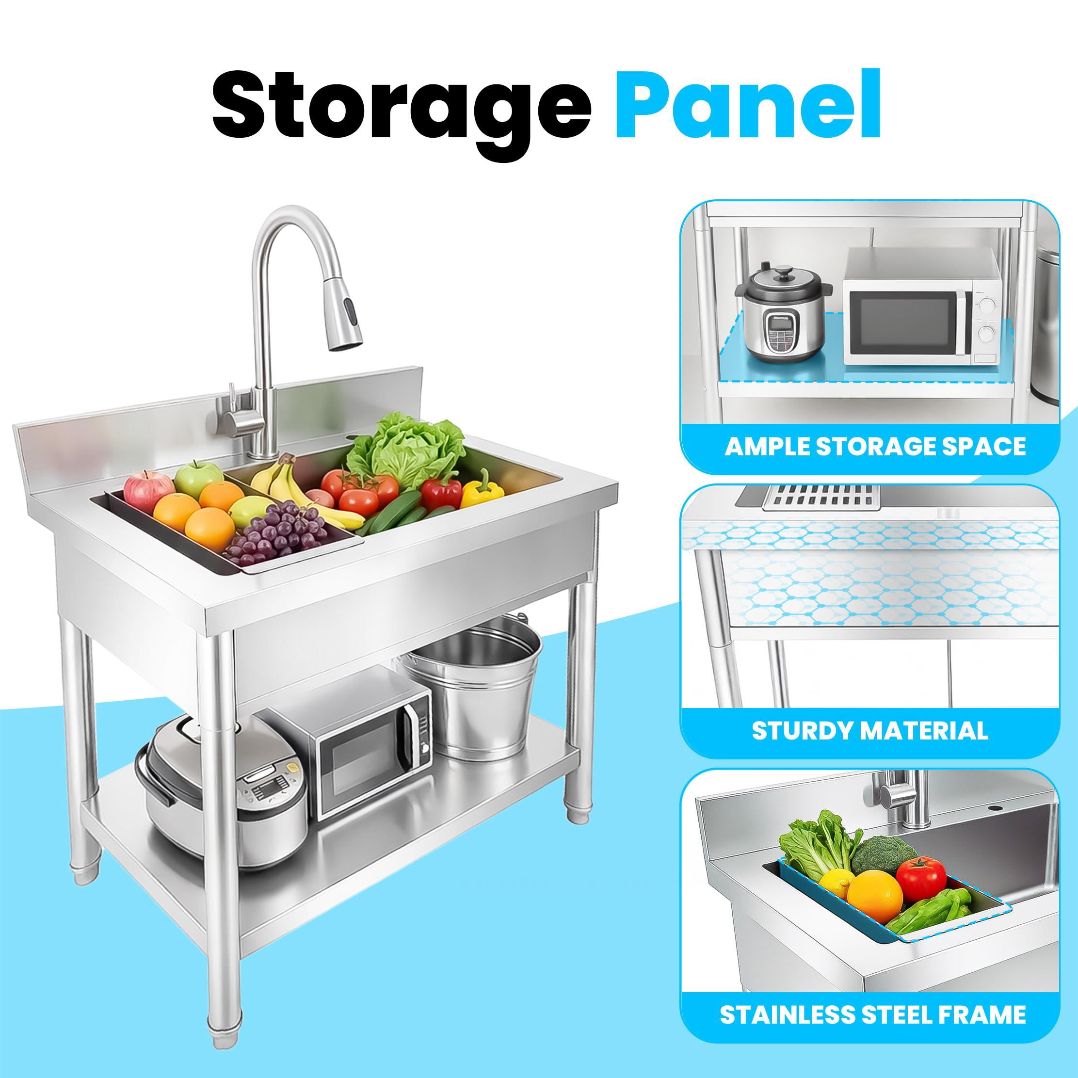 Stainless Steel Outdoor Freestanding Kitchen Sink with Cold and Hot Water Pipe and pull-out Faucet, Commercial Utility Sink, Free Standing Sink for Garden