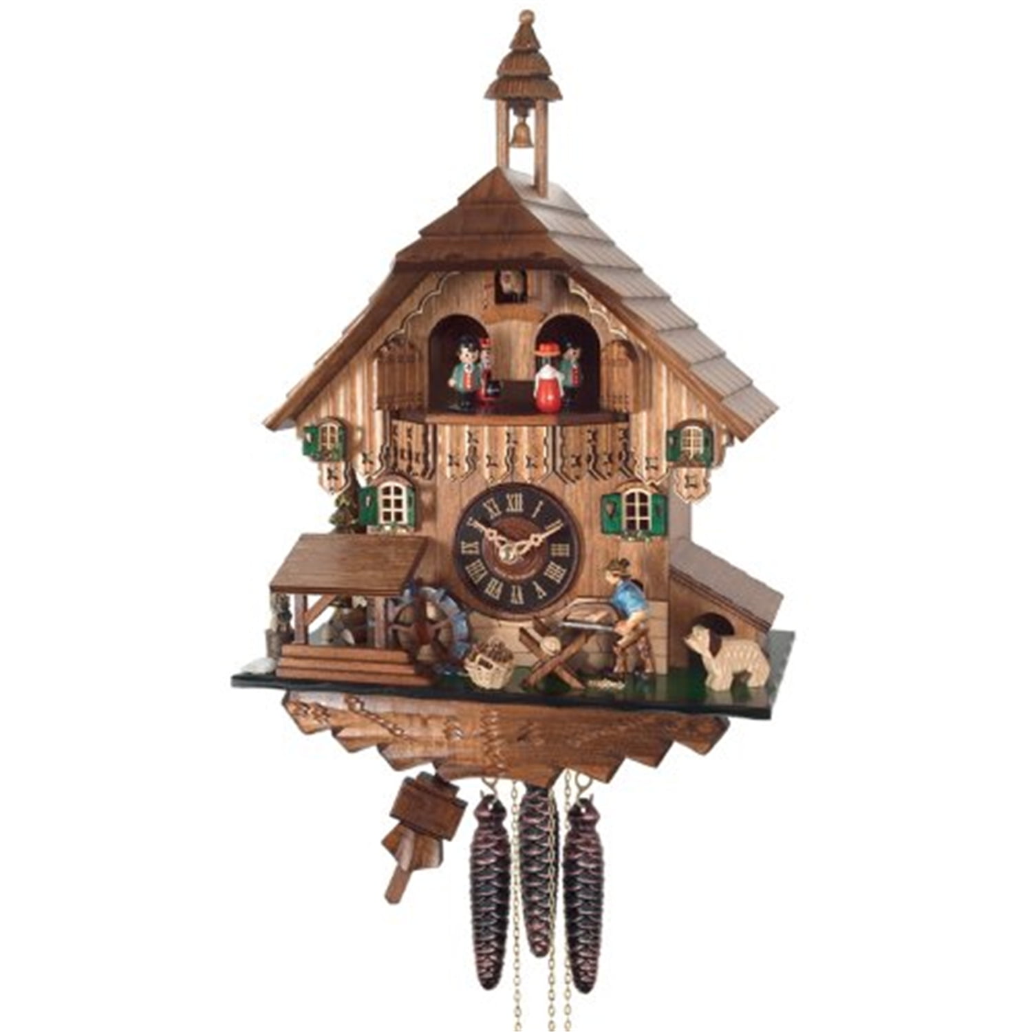 One Day Musical Cuckoo Clock Cottage with Man Sawing Wood, Waterwheel