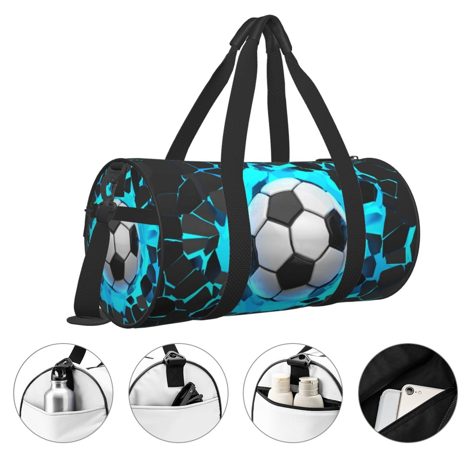 3D Soccer Ball Small Round Sport Duffel Bag,Crash Lighting Wall 17" Shoulder Airport Travel Bag, Men Women Weekender Overnight Sleepover Carry-On Personalized Tote Pouch