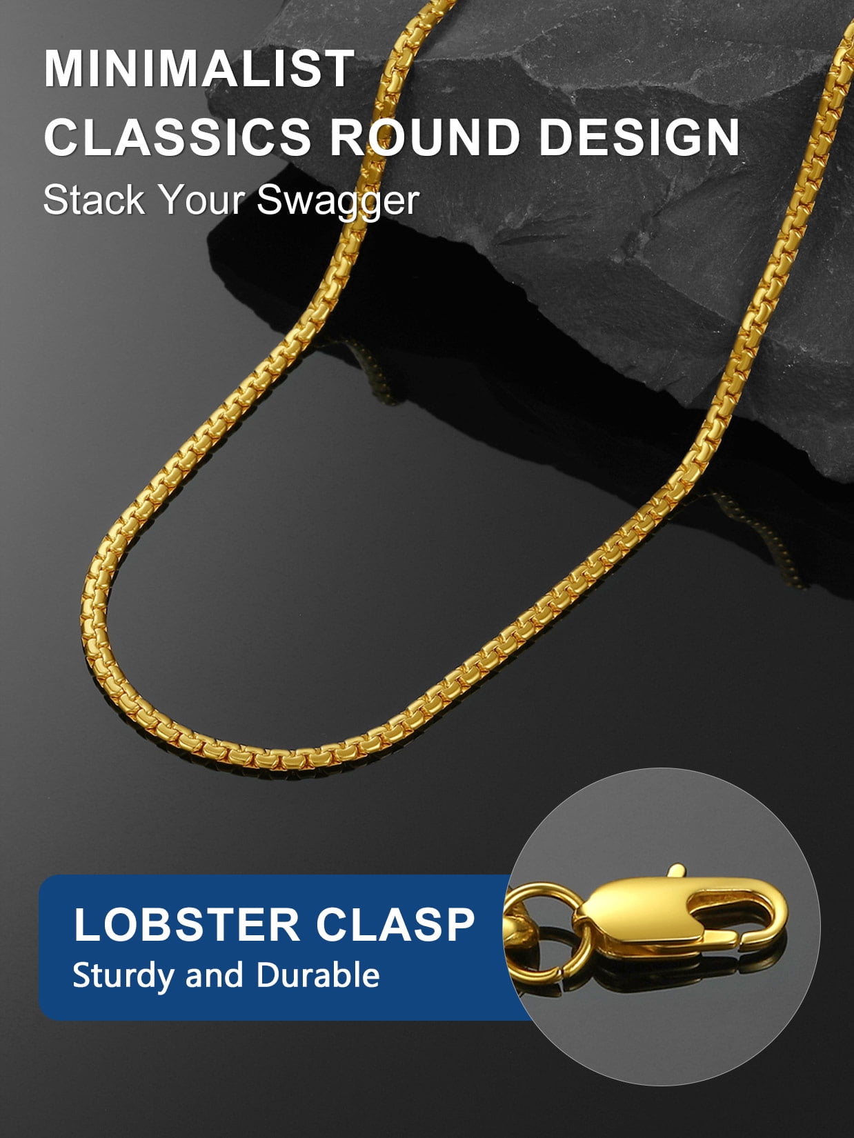 ChainsProMax Gold Plated Flat Box Chain for Men Necklace Stainless Steel 26inch 4mm Hip Hop Jewelry