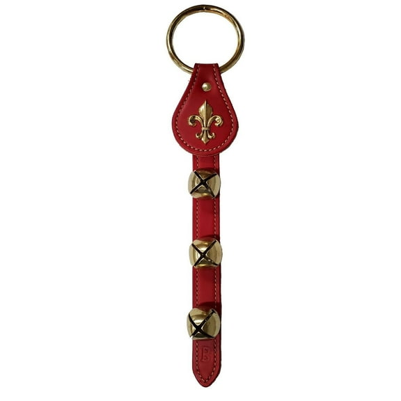 Fleur de Lis Charm Red Leather Strap Sleigh Bell Door Hanger 12 In Made in USA