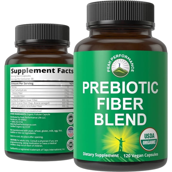 Peak Performance USDA Organic 3-in-1 Prebiotic Fiber - Capsules for Gut, Digestive Health. Plant Based Prebiotics Supplement , USA Formulated