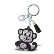 Aqua79 Monkey Keychain - Black Sparkling Rhinestones Charm with Tassel, Fashionable Stylish Polyester PU Wild Life Key Ring Bling Jewelry Accessory with Clasp For Key Chain, Bag, Purse & Backpack