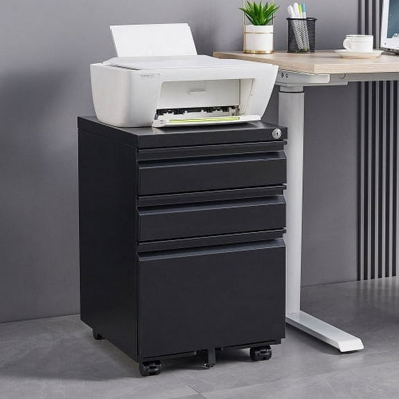 Marcree 3 Drawer Mobile File Cabinet with Lock, Under Desk Metal Filing Cabinet for Home Office/Legal/Letter/A4 File, Office File Cabinet with Wheel, Black