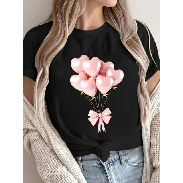 Women's Valentine's Day Heart Balloon & Bow Print T-Shirt, 100% Cotton Knit Fabric, Crew Neck Short Sleeve Casual Vacation Tee, Regular Fit Spring/Summer Top, Valentines Day Gifts Tee For Adult, Men,
