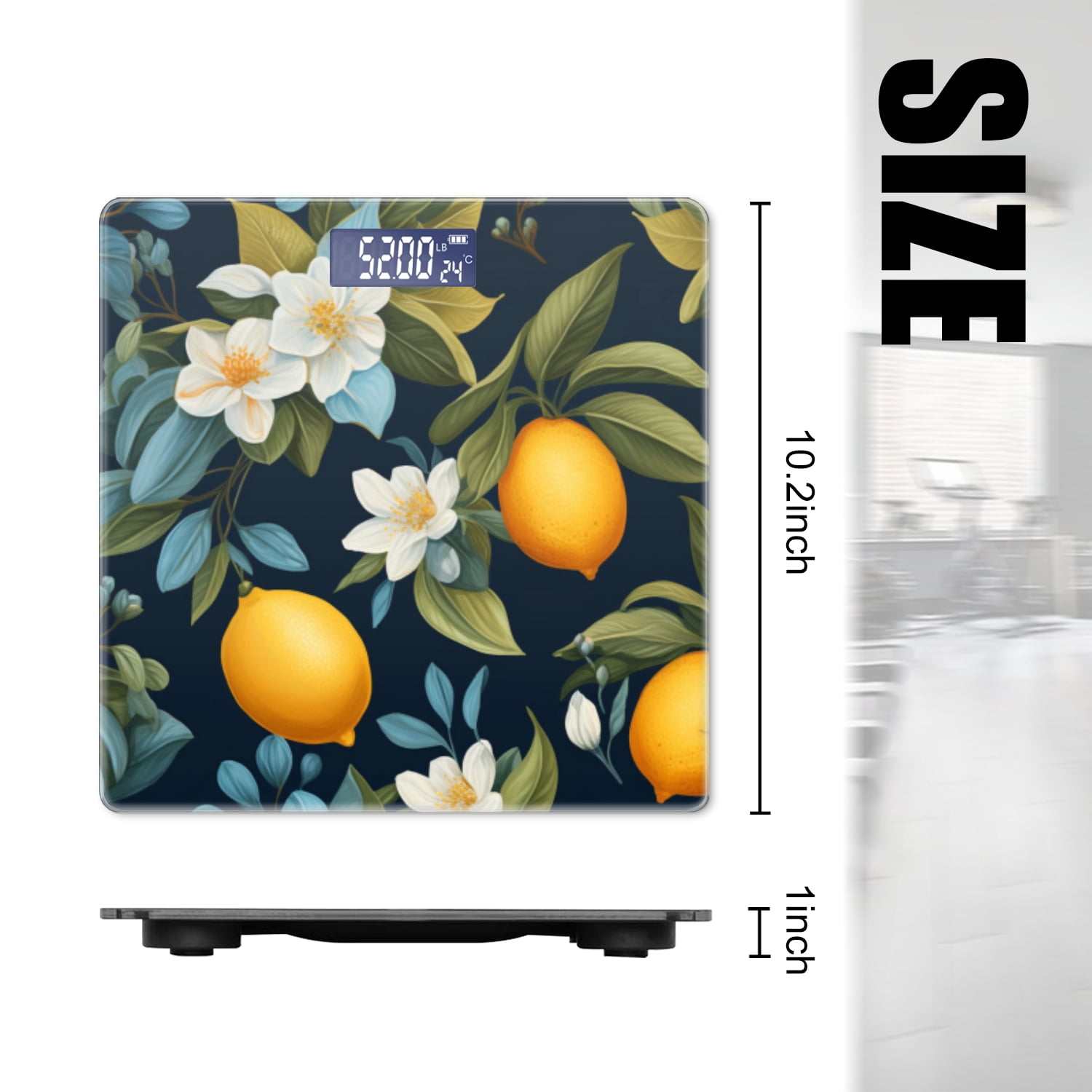 High Precision Body Weight Scale Smart Bathroom Scales with Large LCD Display(400lbs),Decorative for Bedroom-Lemon And Jasmine Flowers On Navy Blue Background
