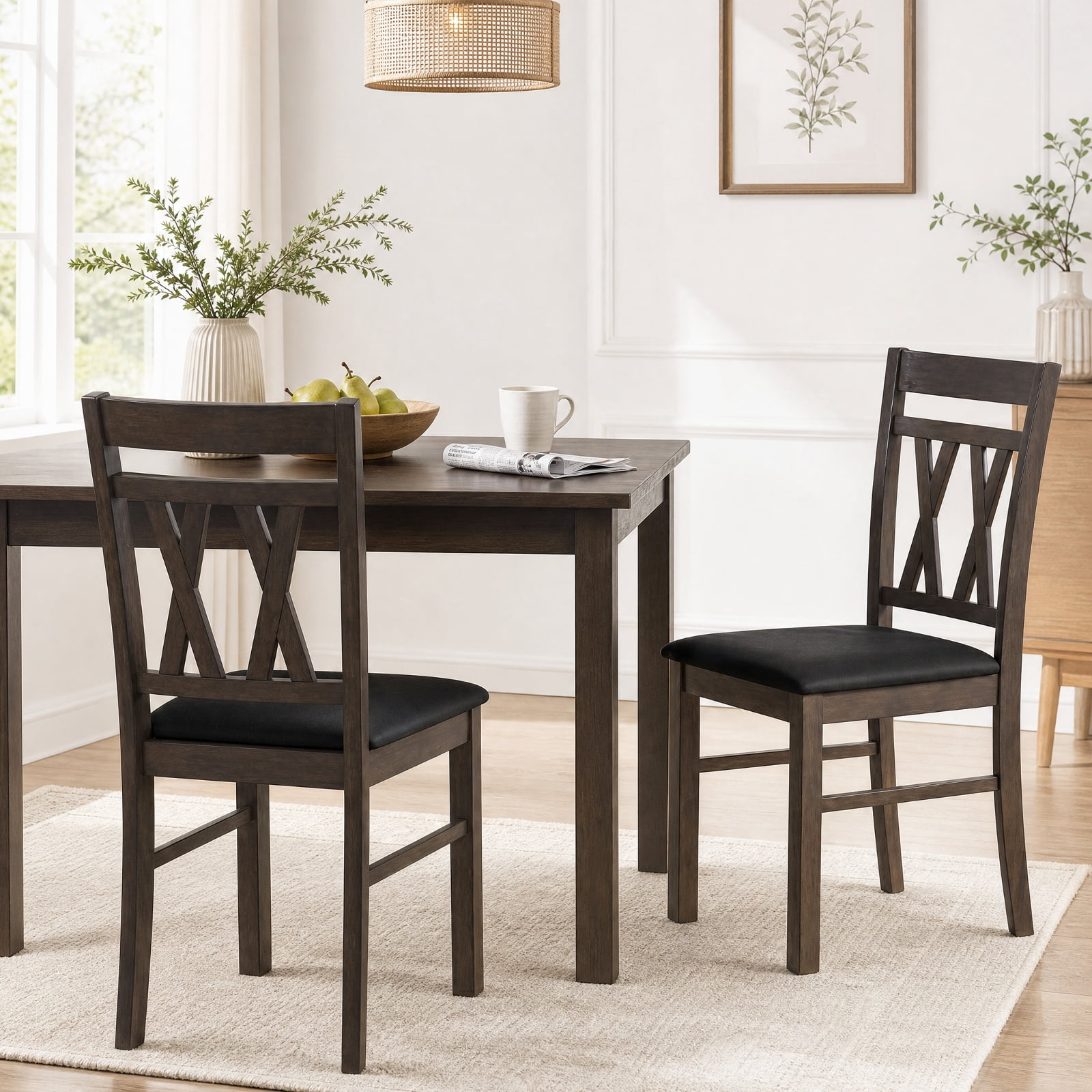 Furnibear Set of 2 Modern Linen Style Upholstered Kitchen Chairs with High Back and Rubber Wood Frame for Dining Room, Gray