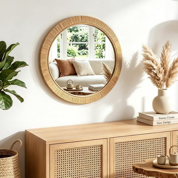 24"x24" inch Large Round Rattan Mirror for Wall, Boho Decorative Wicker Mirror Waterproof Synthetic Rattan Frame, for Bathroom, Bedroom, Living Room, Entryway