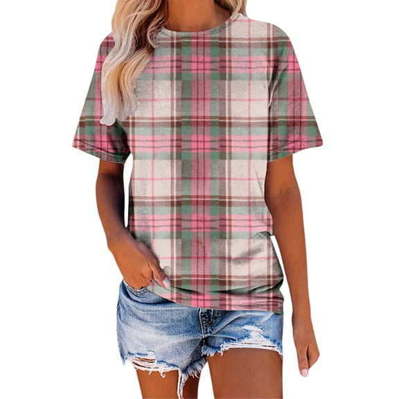 MEICHEN Women's Fashion Casual Plaid Print Round Neck Short Sleeve T Shirt Summer Trendy Clothing for Women