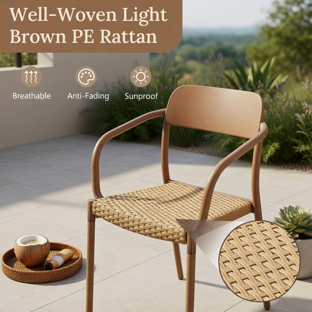 Hommoo 2-Pack Light Brown Woven Rattan Bar Stools with Metal Frame, Indoor/Outdoor Patio Bar Chairs, 29" Seat Height, Stackable & Space-Saving Design, Light Brown