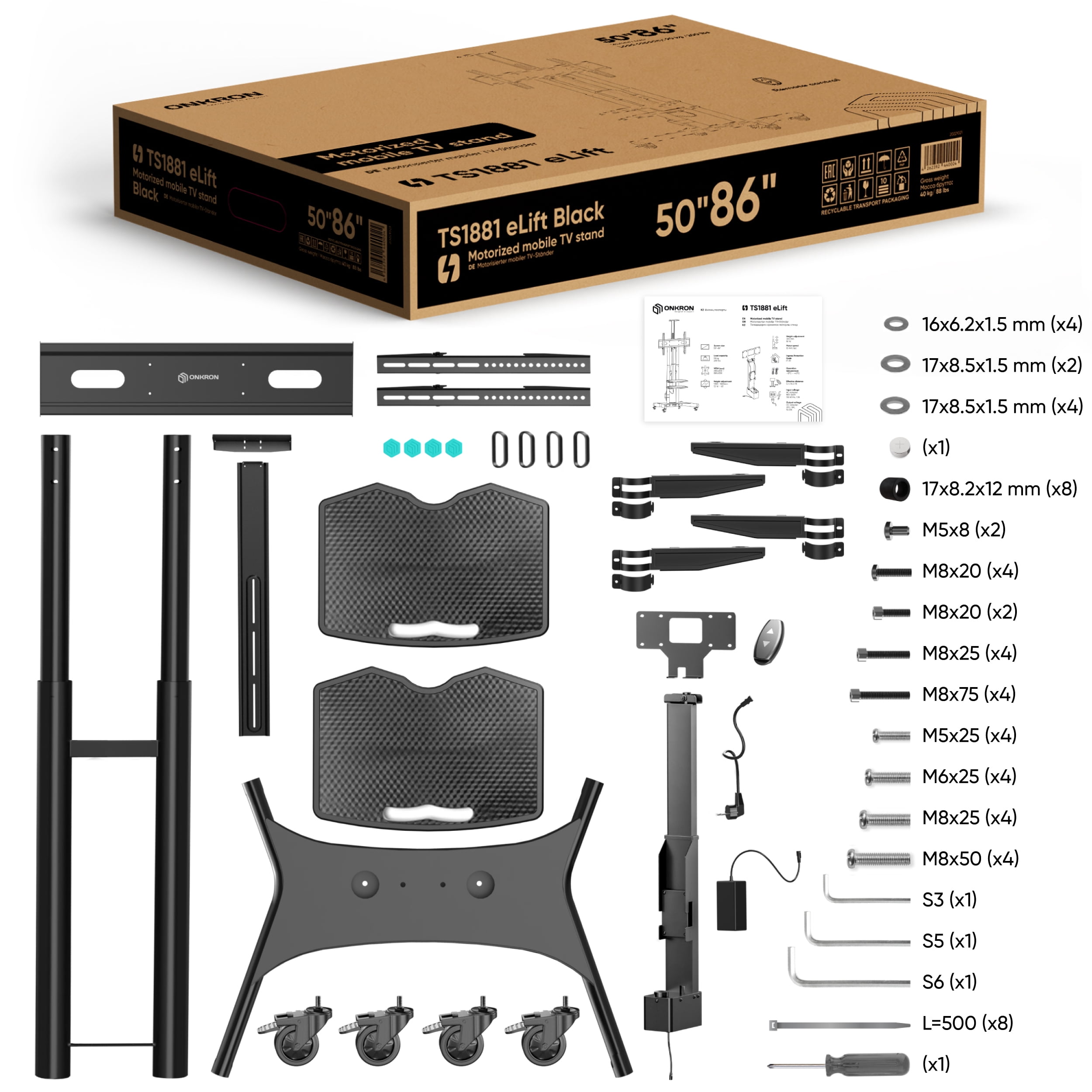 ONKRON Motorized Mobile TV Stand for 50”-86” TVs up to 200 lbs, Adjustable TV Lift, max VESA 800x500