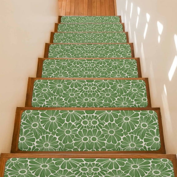 Stair Treads Non Slip Indoor for Wooden Steps, Green Spring Floral 4 Pcs Stair Mats for Kids Elders Dogs, 8 x 30 Inch Pastoral Flower Abstract Art Carpet Treads Runner Rugs for Staircase