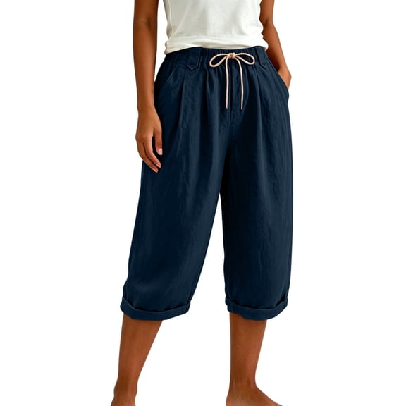Nhthy Women's Solid Drawstring Waist Casual Capri Pants, Relaxed 7/8 Cropped Trousers with Side Pockets for Home Lounge Daily Navy XXL