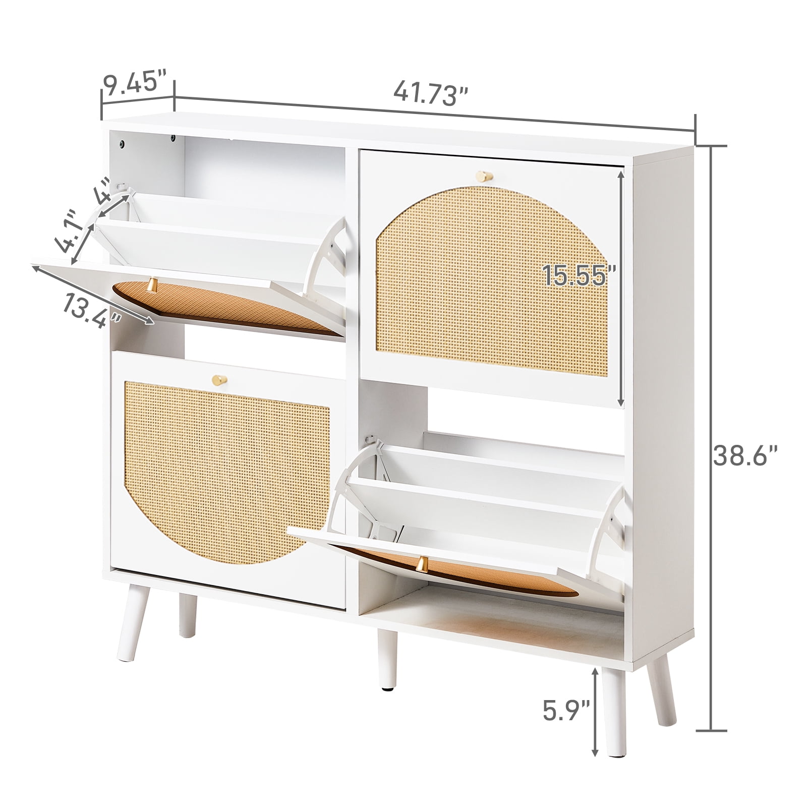 2-Tier Flip-Top Shoe Cabinet Arched Rattan Fronts 4 Compartments White Particle Board Tall Legs Entryway Shoe Organizer for Hallway Porch Bedroom Farmhouse