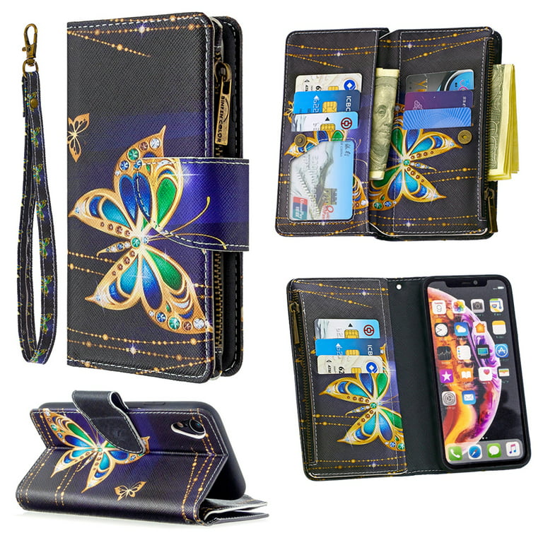 Dteck iPhone XR Case with Zipper Wallet, Painted PU Leather Folio Case 9  Card Slots Wallet Case with Zipper Pocket / Hand Strap for iPhone XR