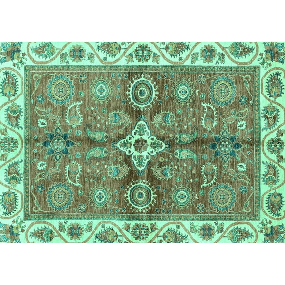 Ahgly Company Machine Washable Indoor Rectangle Oriental Turquoise Blue Traditional Area Rugs, 7' x 9'