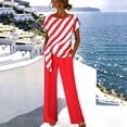 thumbnail image 2 of Women's 2 Piece Casual Outfit Diagonal Striped Asymmetrical Short Sleeve Top with Solid Color Elastic Waist Wide Leg Pants Breathable Daily Matching Set Red XL(XL), 2 of 5
