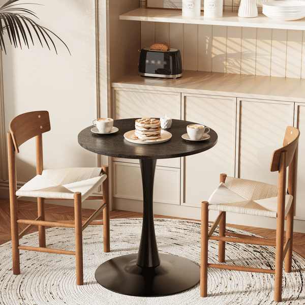 Round Tulip Dining Table, 27.6 Inch Circular Kitchen Table for 2 People, Melamine Laminated MDF Tabletop with Metal Pedestal Base, Easy Assembly Breakfast Table for Dining Room, Apartment, Black