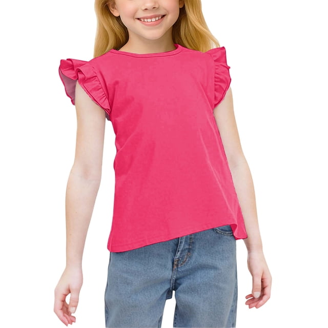 Zpanxa Girls Summer Shirts Solid Color Ruffle Sleeve Crew Neck Casual Tee With Polyester Spandex 4 Years