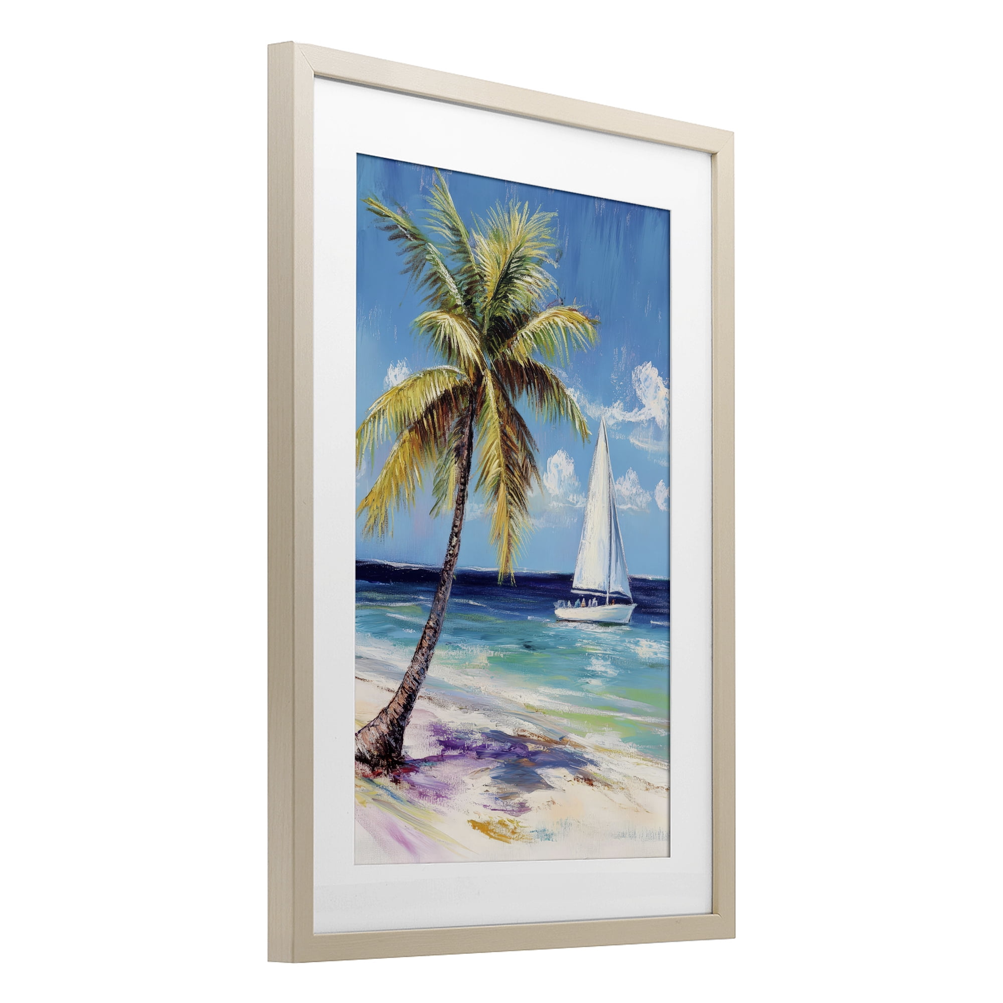 Stupell Industries Sailboat Delight with Palm Tree Birch Framed Print Under Glass, design by Petal Prints Design