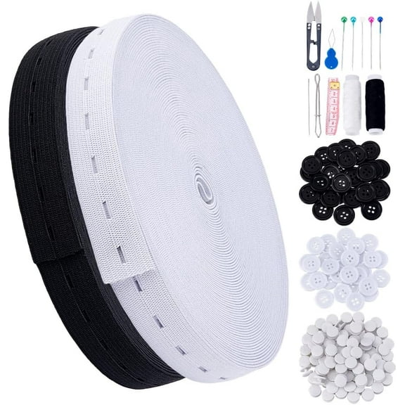 32.8 Yard Elastic Pant Tighteners Elastic with Button Holes Waist Adjusters Elastic Tapes for Binding with Buttons Headpins Threads All in One Sewing Kits for DIY Crafts