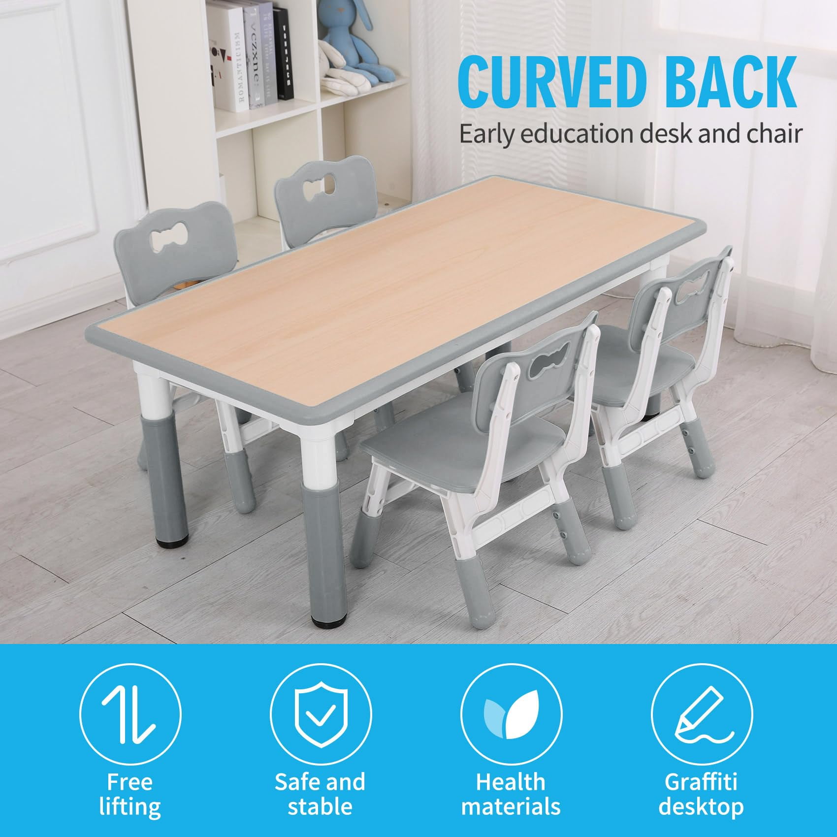 UNICOO® Kids Study Table and Chairs Set, Height Adjustable Plastic Children Art Desk with 4 Seats, Kids Multi Activity Table Set (Maple Top with Grey Board)