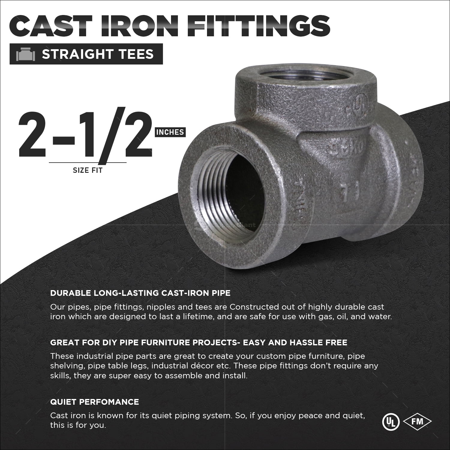 Supply Giant 2-1/2" Black Pipe Fitting Tee for Industrial Piping or DIY Projects, Cast Iron