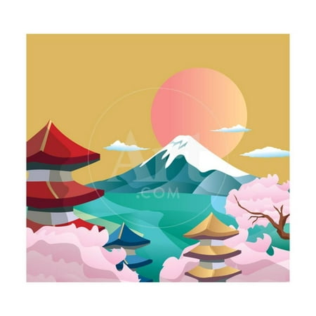 Japan Style Buildings and Fuji Mountain. Print Wall Art By