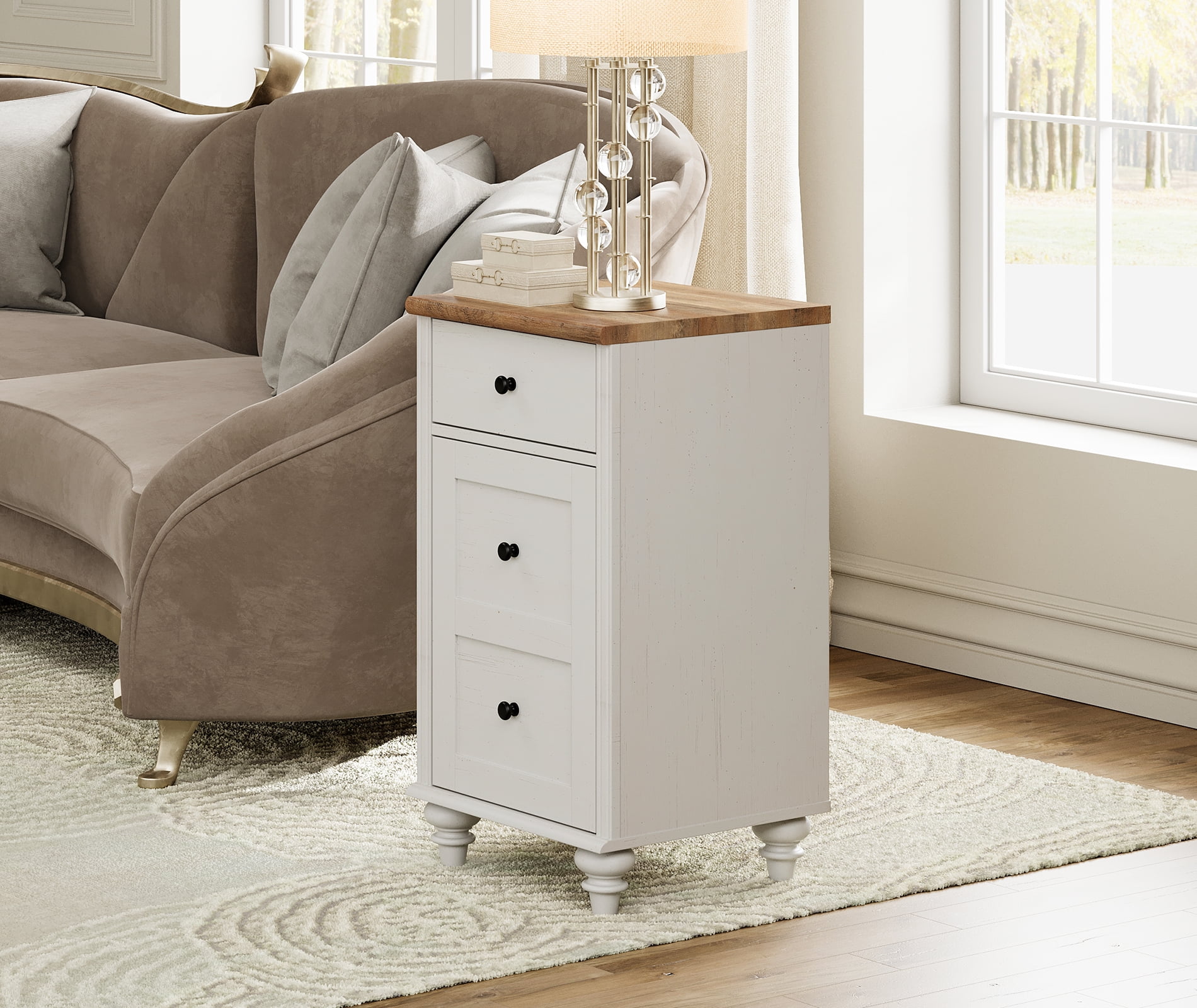 Set of 2 Farmhouse End Table with Charging Station, White Wood Side Table with Drawer & Storage Cabinet, Nightstand with Power Outlets & USB Ports for Living Room Bedroom