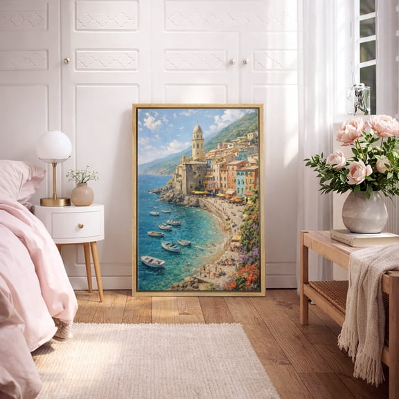 Framed Canvas Wall Art Mediterranean Coastal Village Beach Print for Living Room Decoration - 16"x24" NATURAL